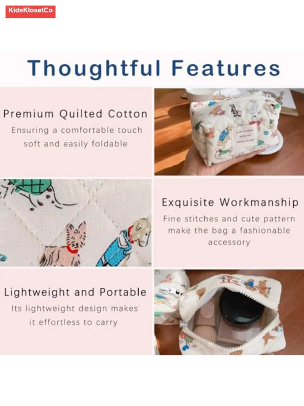 Quilted Cotton Mini Makeup Bag with Animal Pattern, Travel Cosmetic Organizer